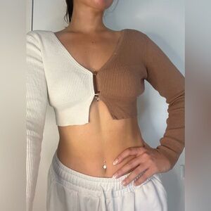 Monochrome White and Brown Cropped Buttoned Sweater